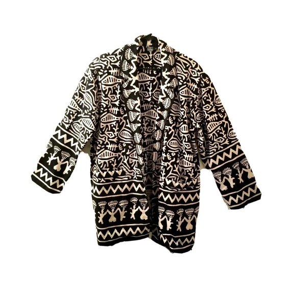 Jackets & Blazers - Vintage Cotton Jacket Plus 2x 18 20 Black Tan Tribal Ethnic India 1990s